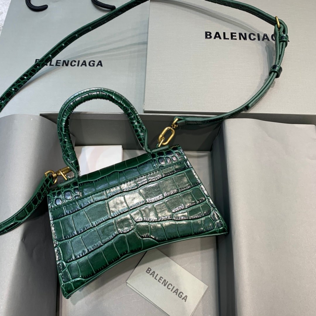 Balenciaga Hourglass 19cm Chain Bag in Shiny Crocodile Embossed Leather Dark Green