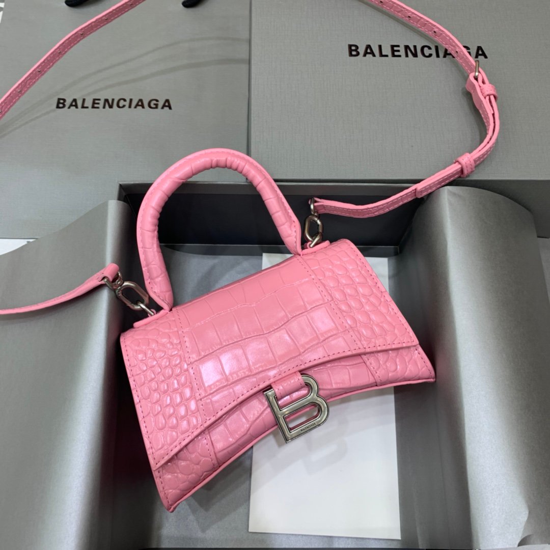 Balenciaga Hourglass 19cm Chain Bag in Shiny Crocodile Embossed Leather Light Pink
