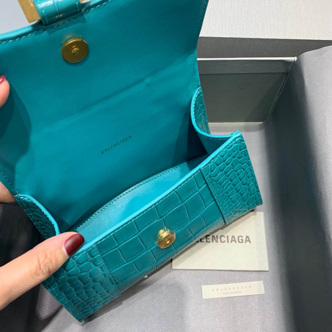 Balenciaga Hourglass 19cm Chain Bag in Shiny Crocodile Embossed Leather Maca Blue