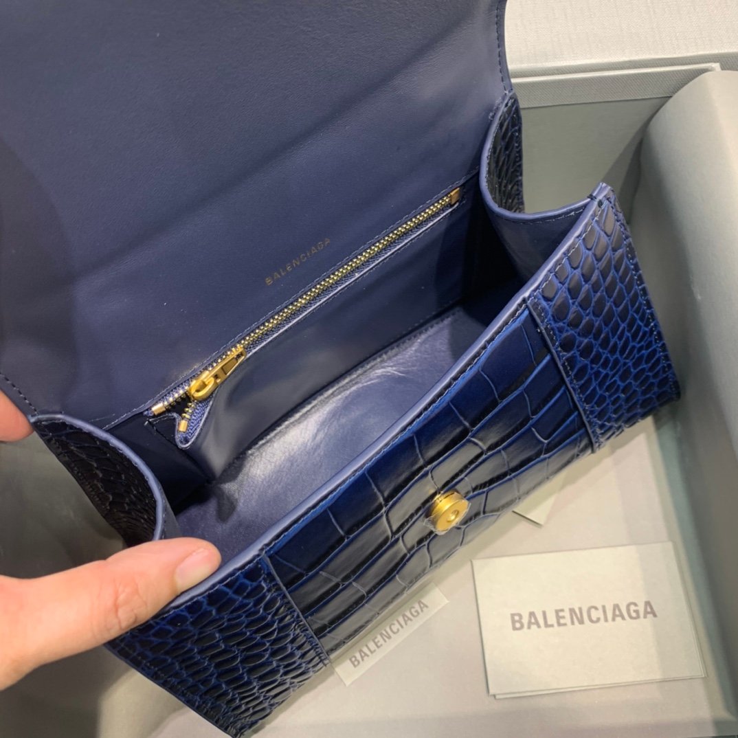 Balenciaga Hourglass 23cm Chain Bag in Shiny Crocodile Embossed Leather Dark Blue