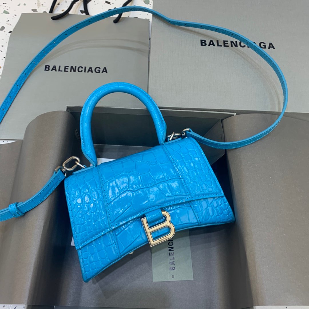 Balenciaga Hourglass 19cm Chain Bag in Shiny Crocodile Embossed Leather Blue