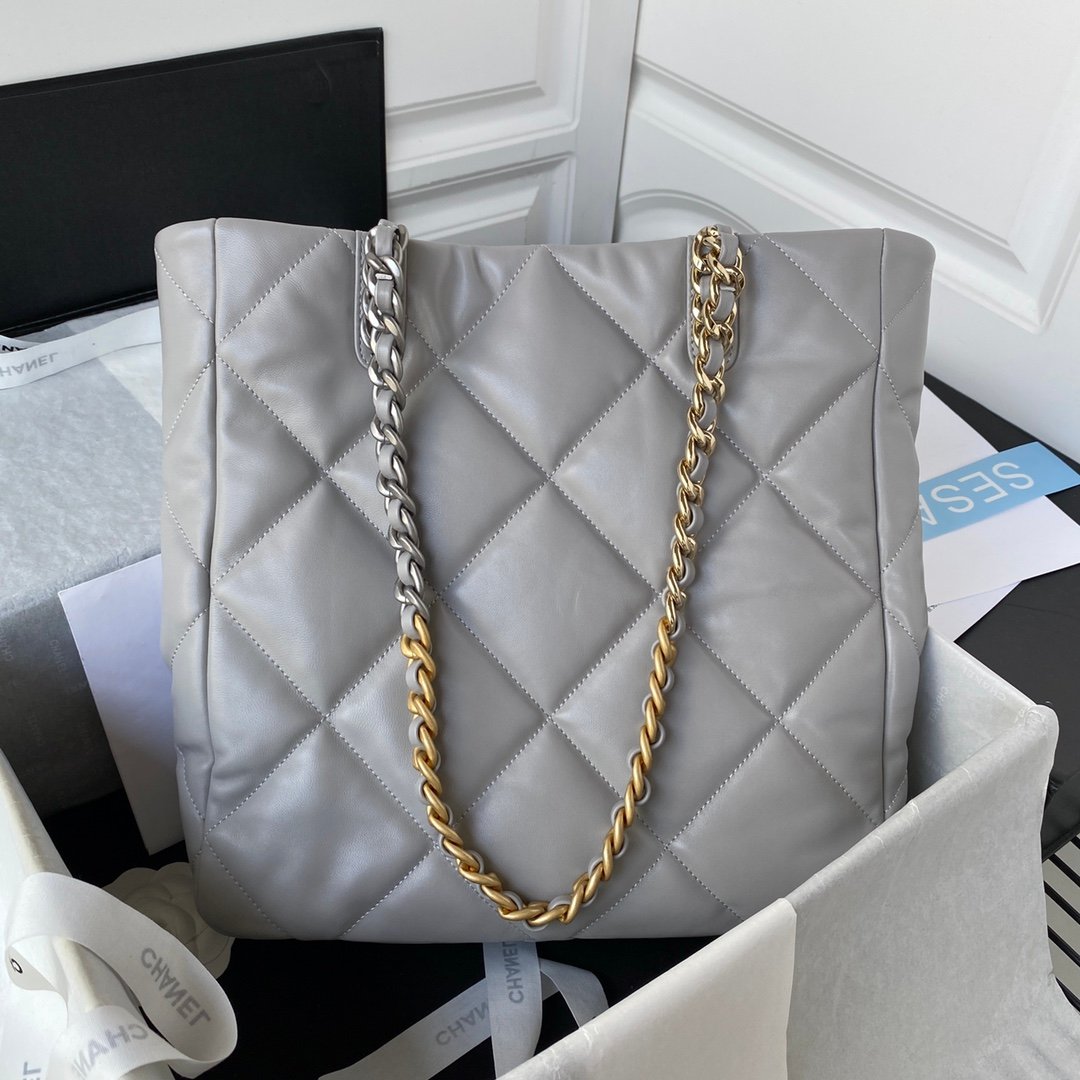 Chanel 19 Shopping Bag Lambskin Gold-Tone Silver-Tone Ruthenium-Finish Metal Gray AS3519