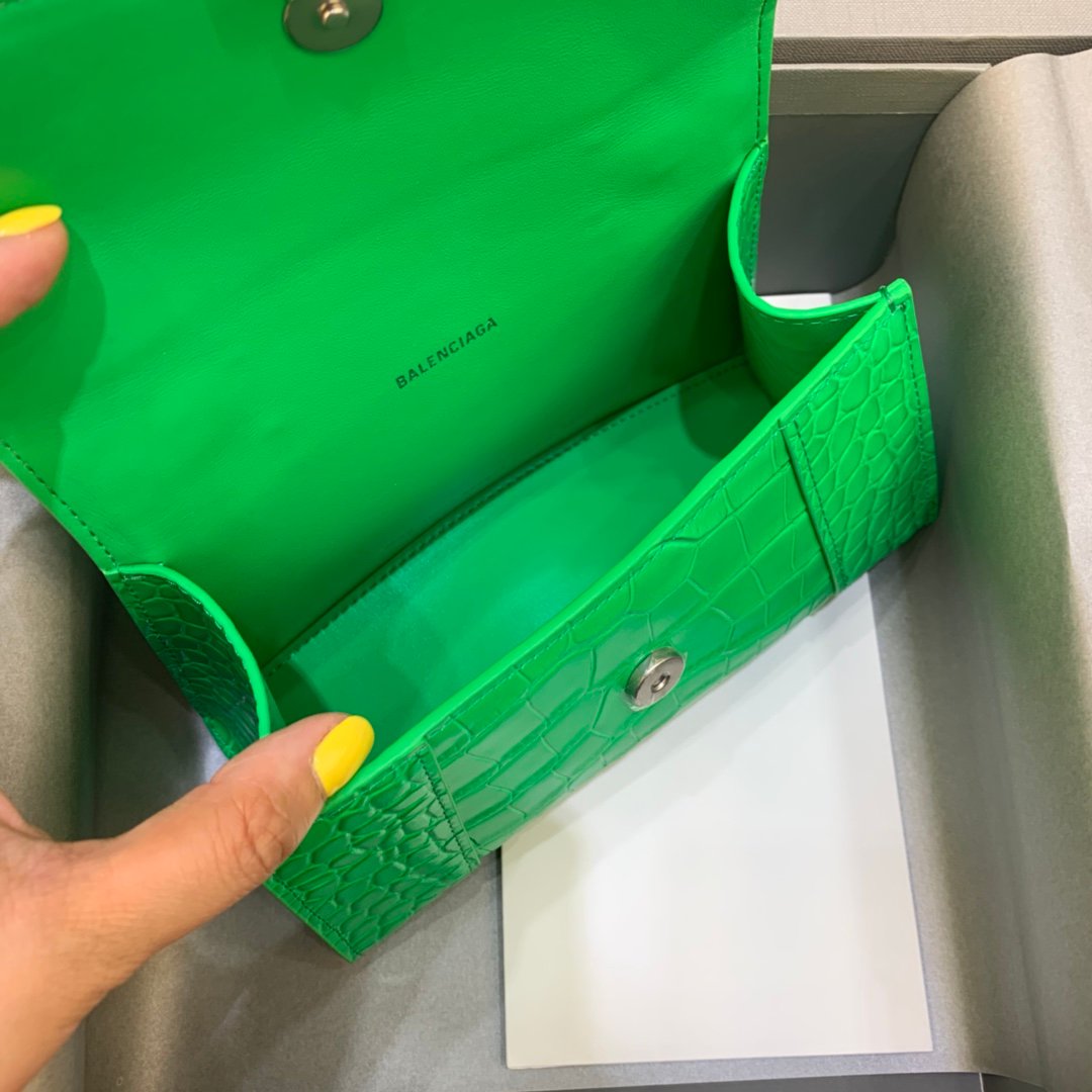 Balenciaga Hourglass 19cm Chain Bag in Shiny Crocodile Embossed Leather Green