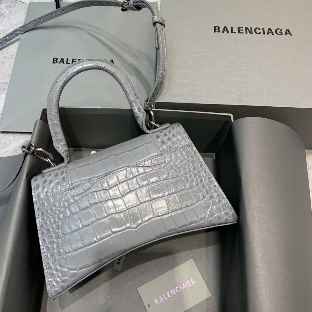 Balenciaga Hourglass 19cm Chain Bag in Shiny Crocodile Embossed Leather Light Gray