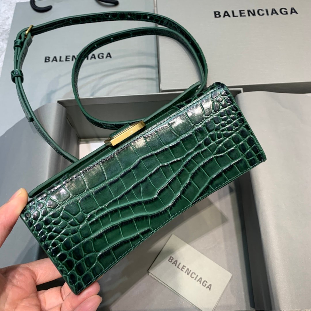 Balenciaga Hourglass 19cm Chain Bag in Shiny Crocodile Embossed Leather Dark Green