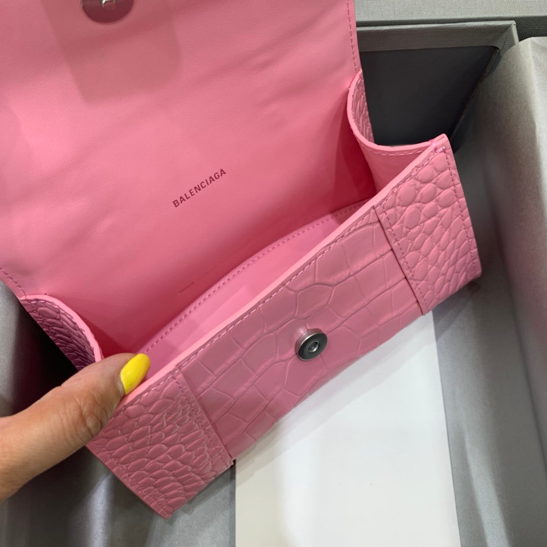 Balenciaga Hourglass 19cm Chain Bag in Shiny Crocodile Embossed Leather Light Pink