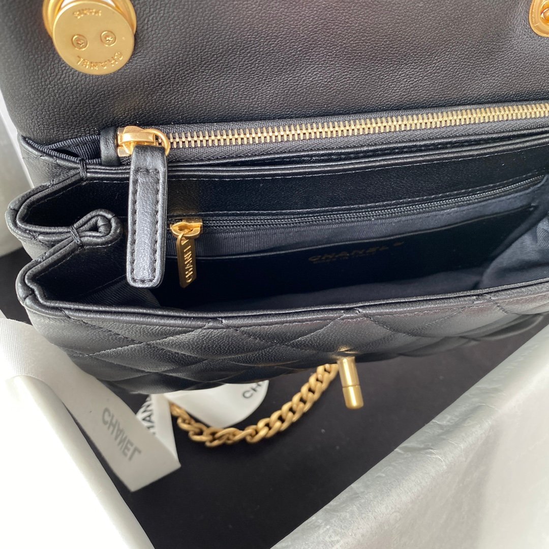 Chanel AS3393 Adjustable Gold Lock Gold Chain Black 22cm Flap Bag