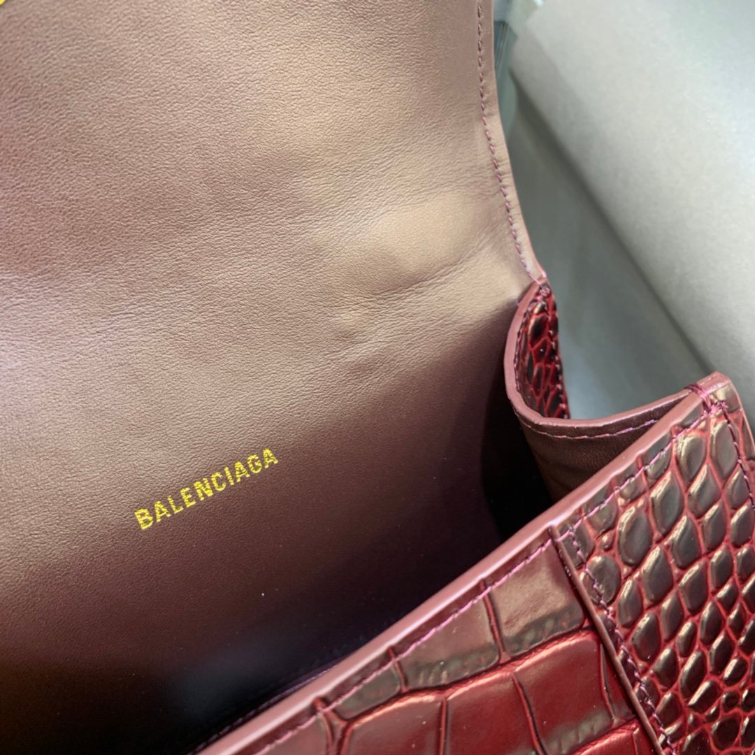 Balenciaga Hourglass 19cm Chain Bag in Shiny Crocodile Embossed Leather Maroon