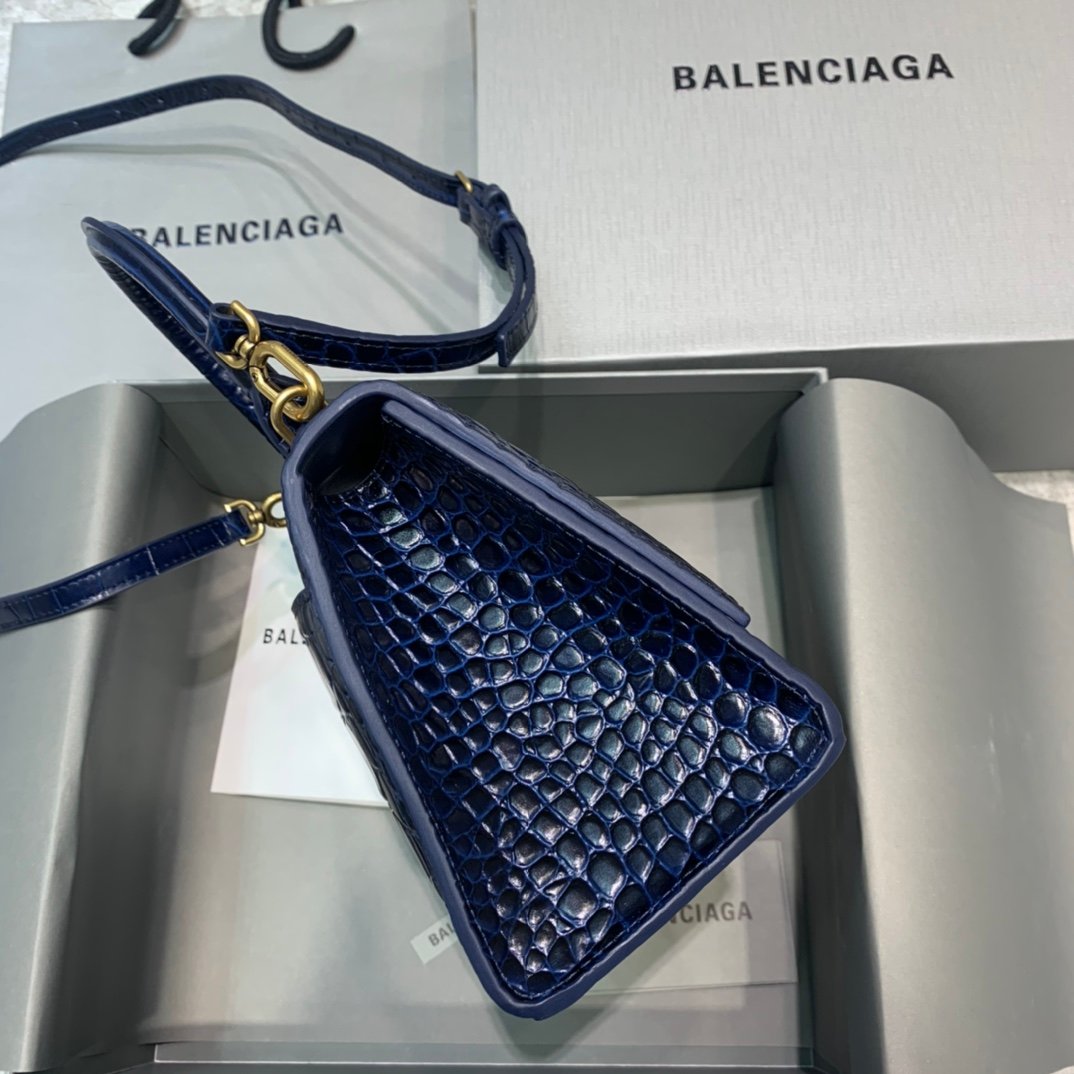 Balenciaga Hourglass 23cm Chain Bag in Shiny Crocodile Embossed Leather Dark Blue