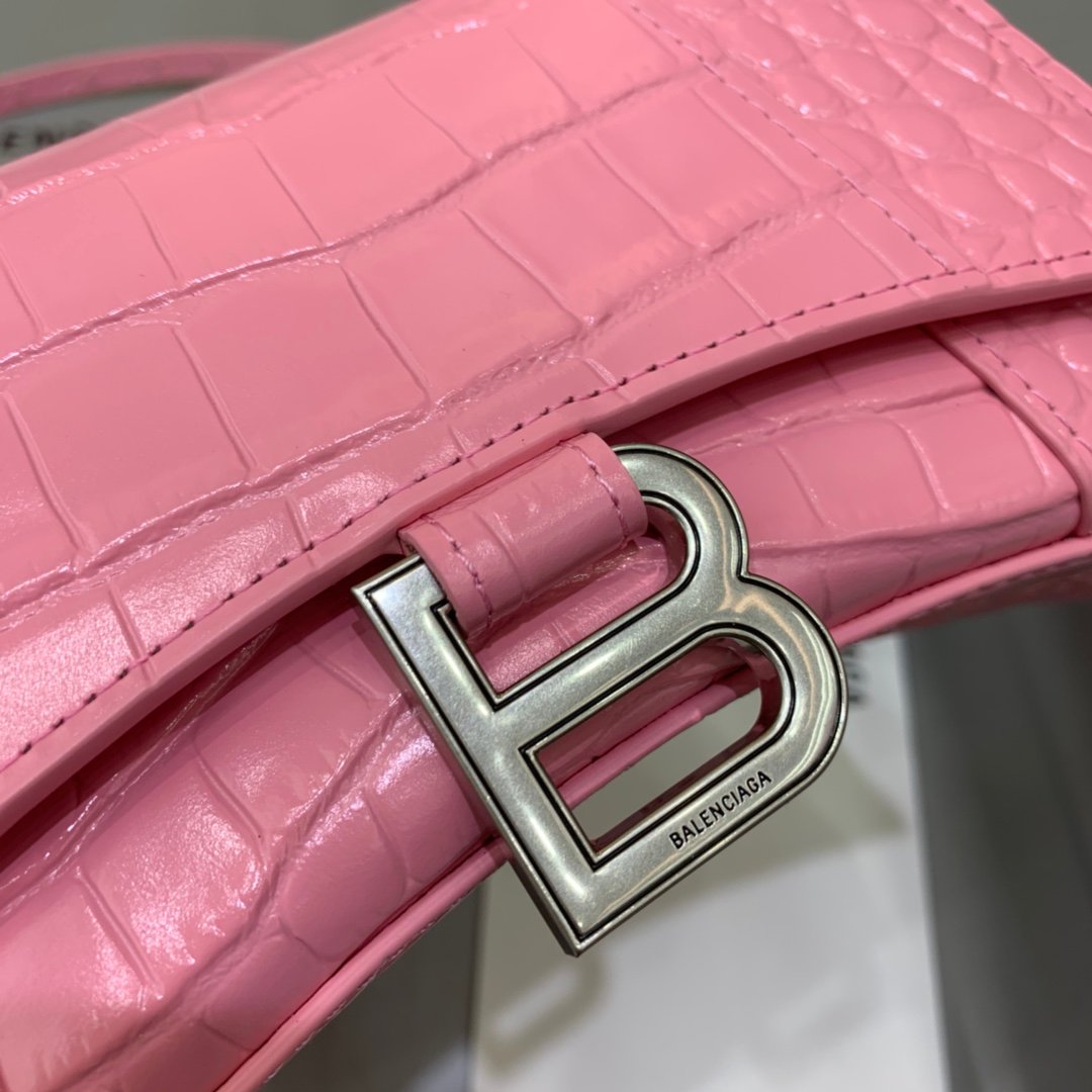 Balenciaga Hourglass 19cm Chain Bag in Shiny Crocodile Embossed Leather Light Pink