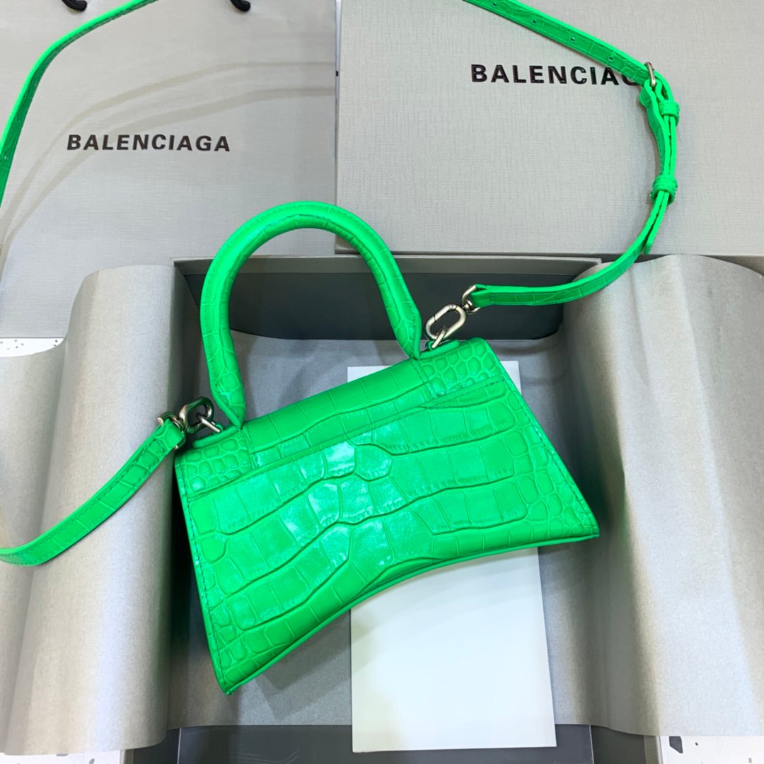 Balenciaga Hourglass 19cm Chain Bag in Shiny Crocodile Embossed Leather Green