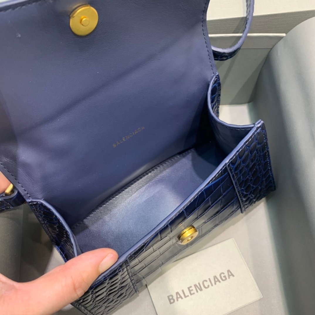 Balenciaga Hourglass 19cm Chain Bag in Shiny Crocodile Embossed Leather Dark Blue