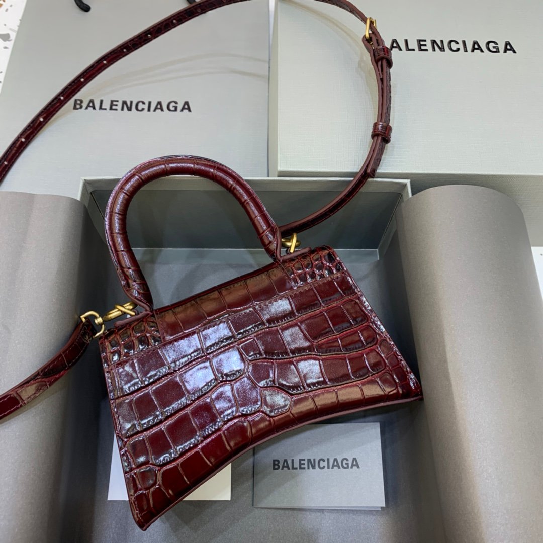 Balenciaga Hourglass 19cm Chain Bag in Shiny Crocodile Embossed Leather Maroon