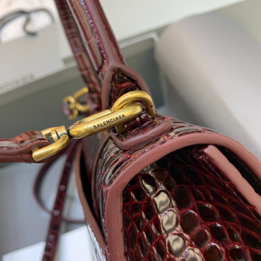 Balenciaga Hourglass 19cm Chain Bag in Shiny Crocodile Embossed Leather Maroon