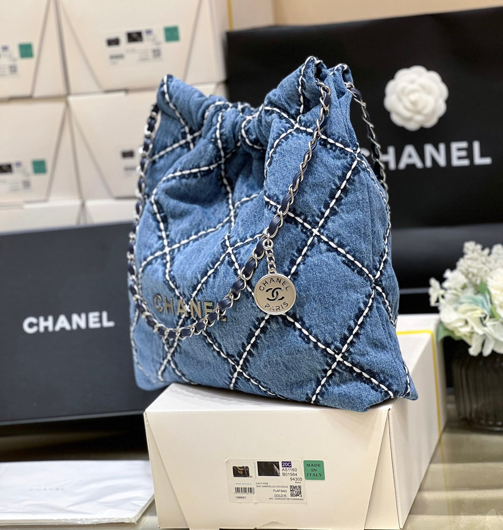 Chanel 22 AS3980 Large Handbag Stitched Denim Silver Tone Metal Blue