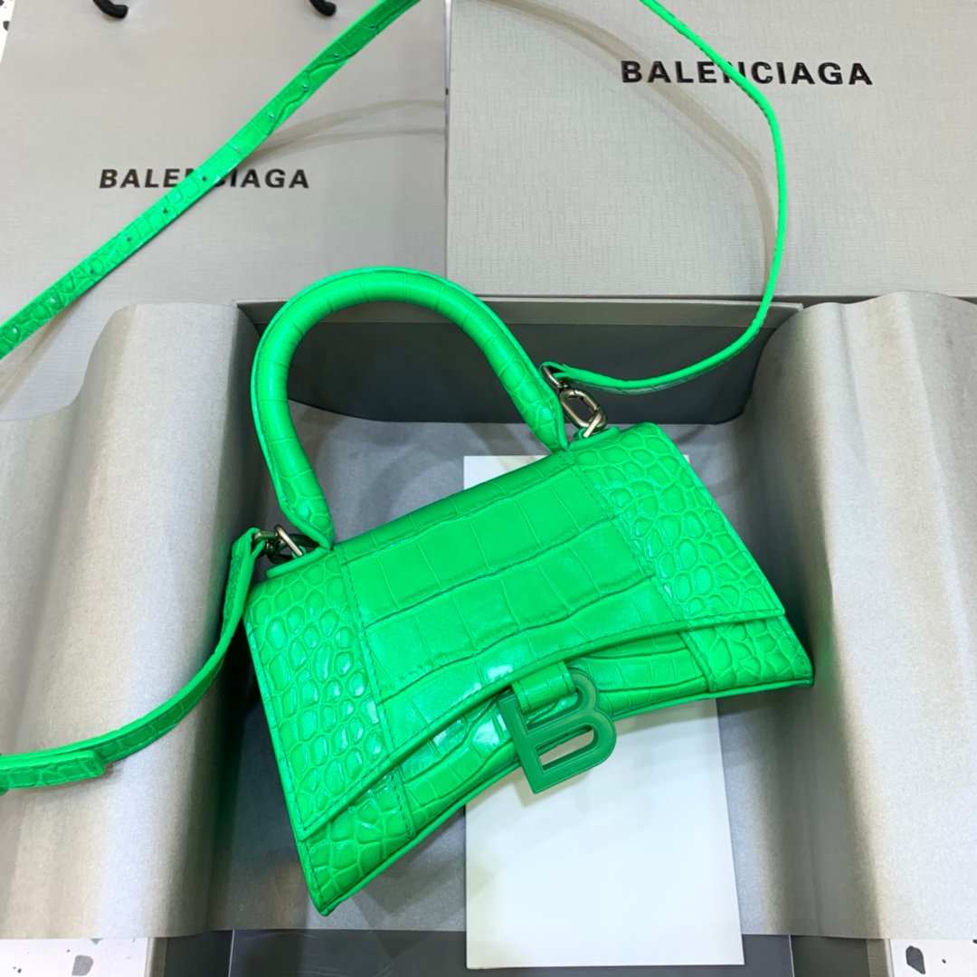 Balenciaga Hourglass 19cm Chain Bag in Shiny Crocodile Embossed Leather Green