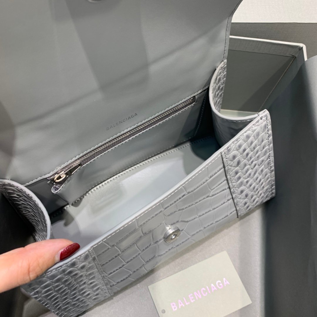Balenciaga Hourglass 19cm Chain Bag in Shiny Crocodile Embossed Leather Light Gray