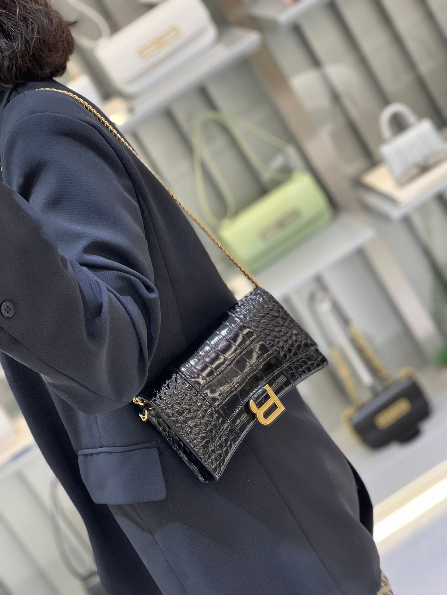 Balenciaga Womens Hourglass Wallet With Chain In Black Shiny Crocodile Embossed Calfskin