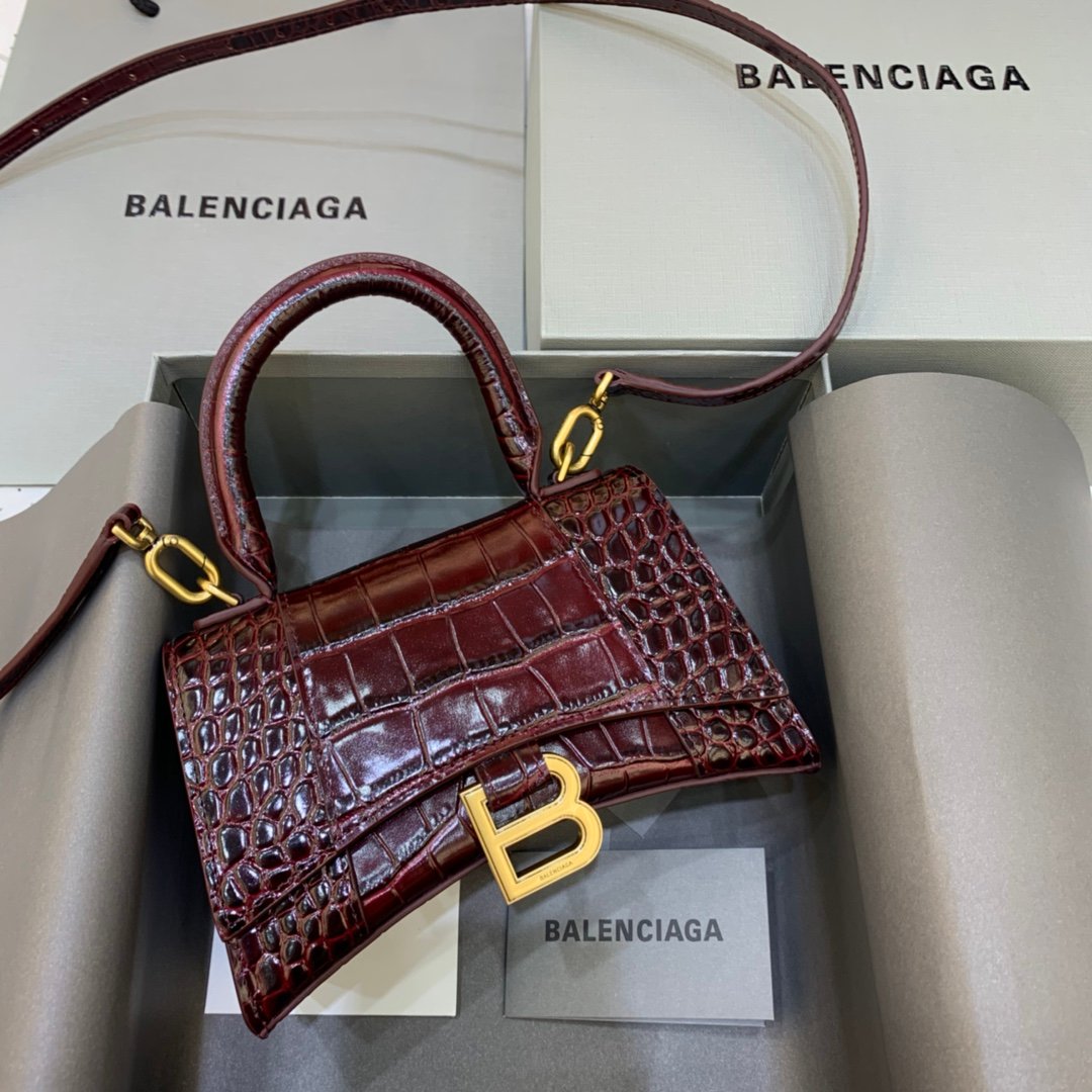 Balenciaga Hourglass 19cm Chain Bag in Shiny Crocodile Embossed Leather Maroon