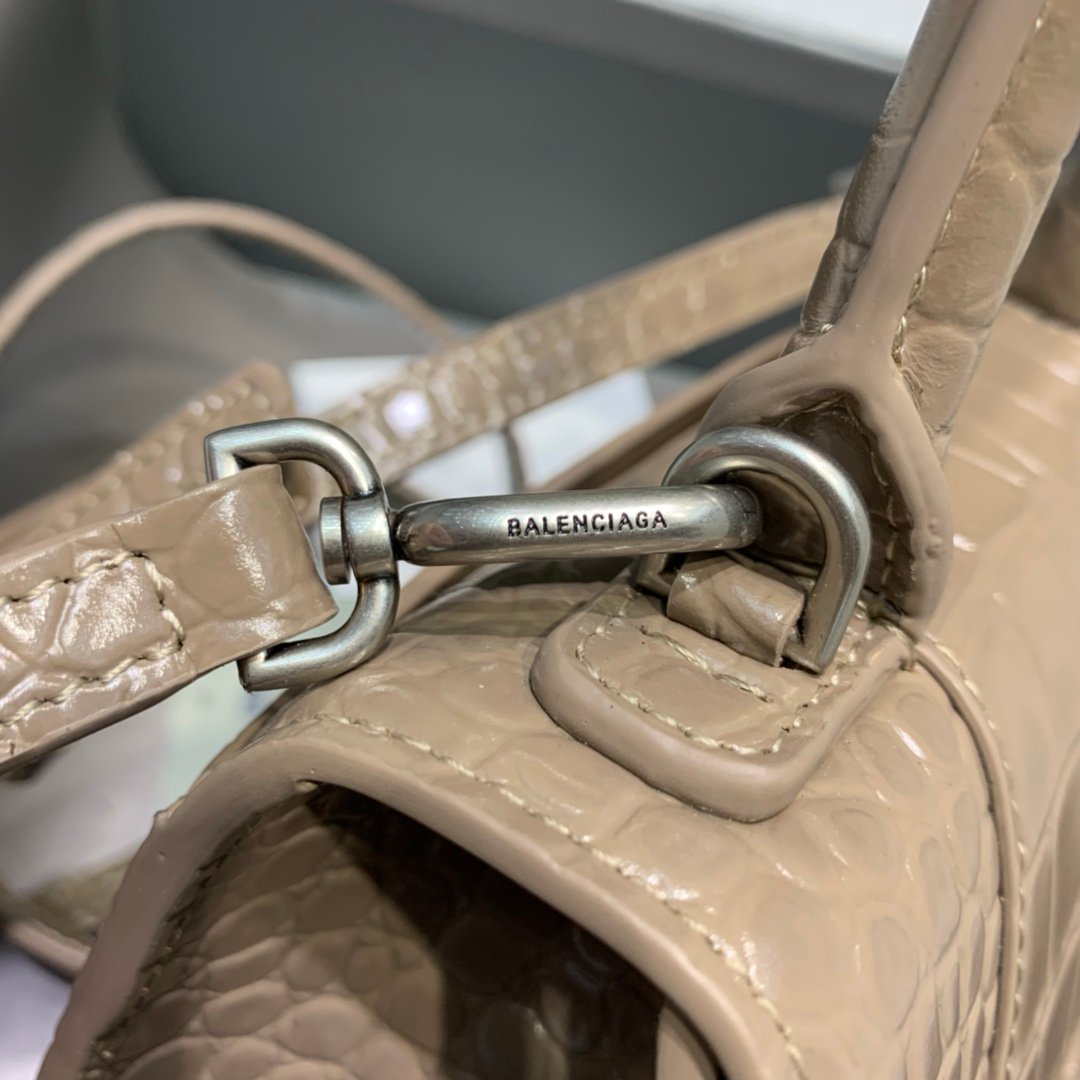Balenciaga Hourglass 19cm Chain Bag in Back Shiny Crocodile Embossed Leather Coffee
