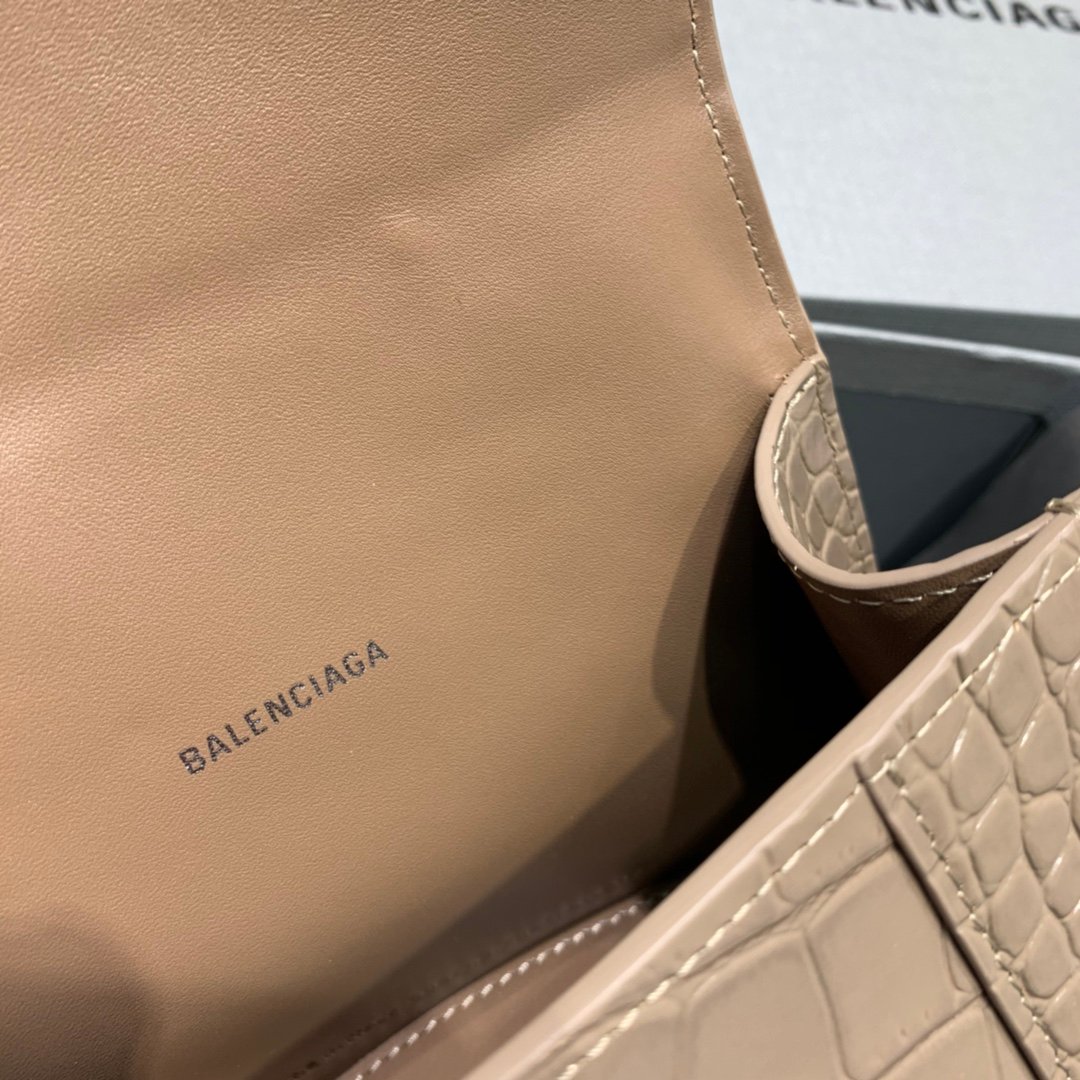 Balenciaga Hourglass 19cm Chain Bag in Back Shiny Crocodile Embossed Leather Coffee