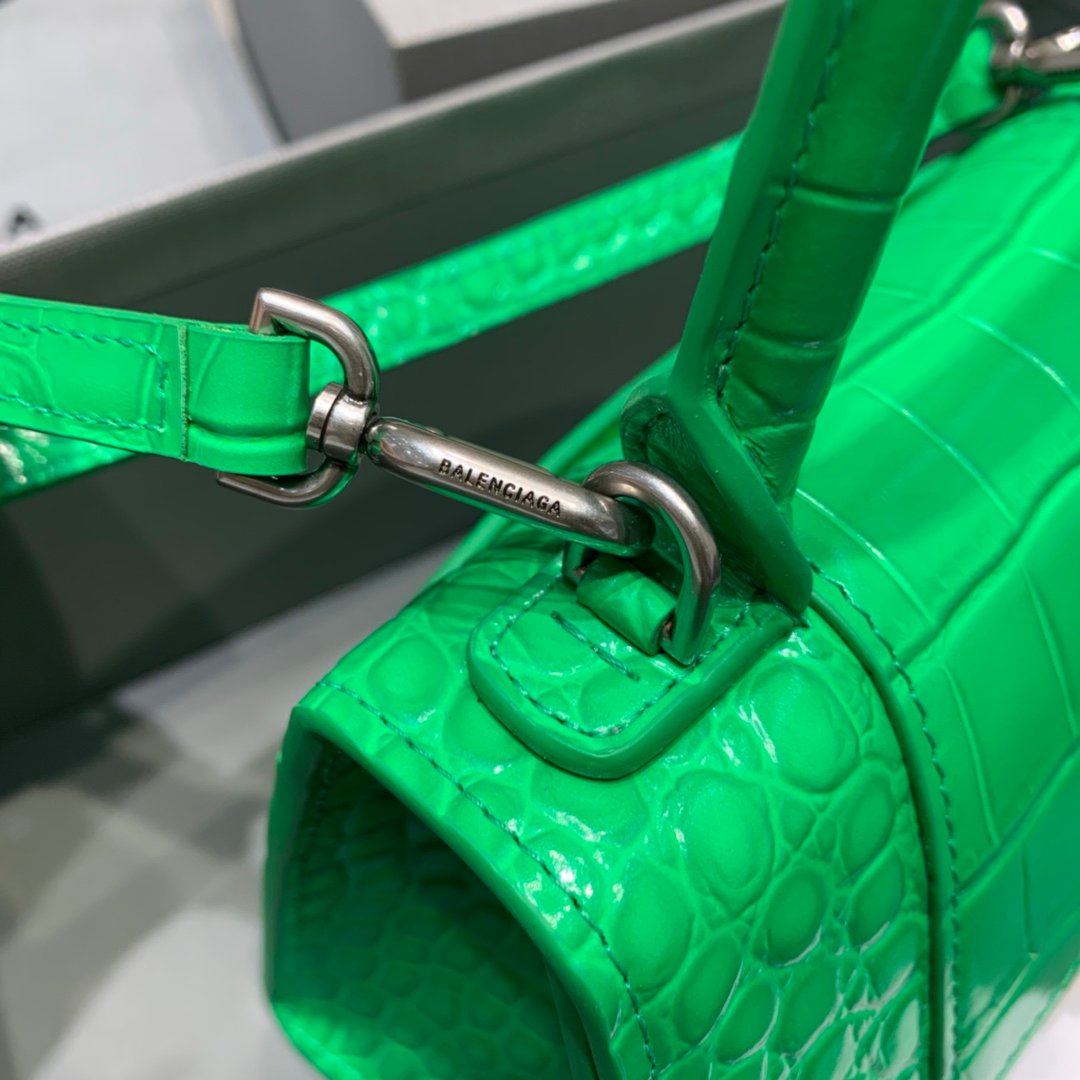 Balenciaga Hourglass 19cm Chain Bag in Back Shiny Crocodile Embossed Leather Green