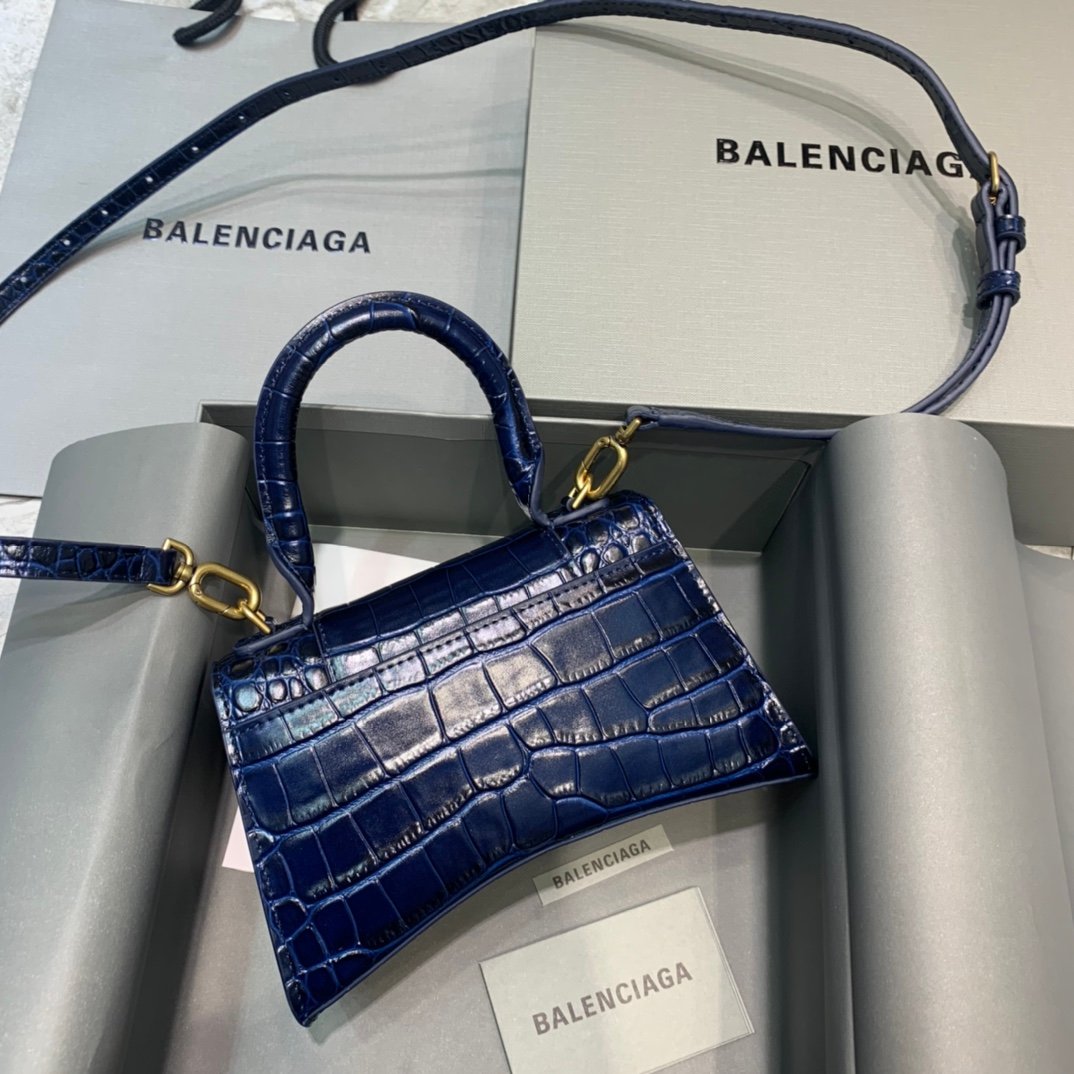 Balenciaga Hourglass 19cm Chain Bag in Shiny Crocodile Embossed Leather Dark Blue