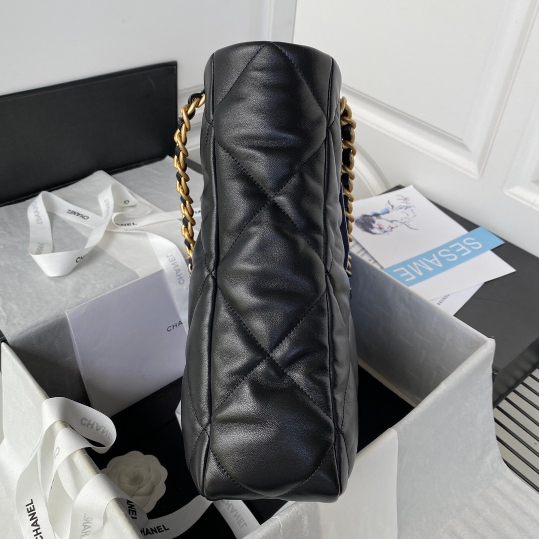 Chanel 19 Shopping Bag Lambskin Gold-Tone Silver-Tone Ruthenium-Finish Metal Black AS3519