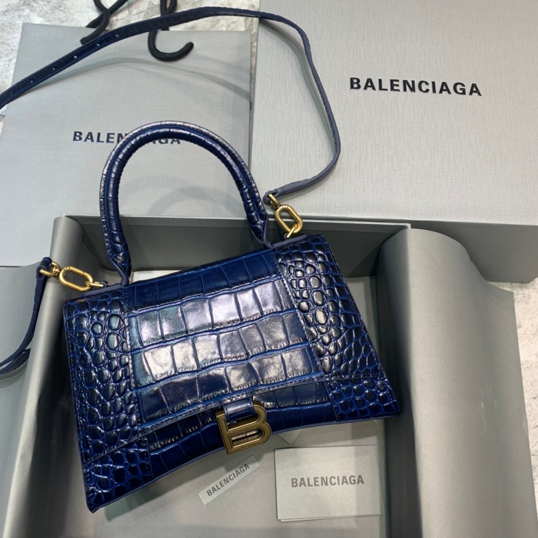 Balenciaga Hourglass 23cm Chain Bag in Shiny Crocodile Embossed Leather Dark Blue