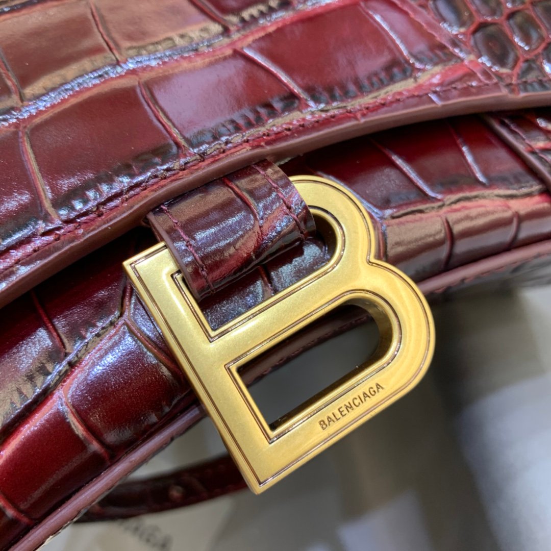 Balenciaga Hourglass 19cm Chain Bag in Shiny Crocodile Embossed Leather Maroon