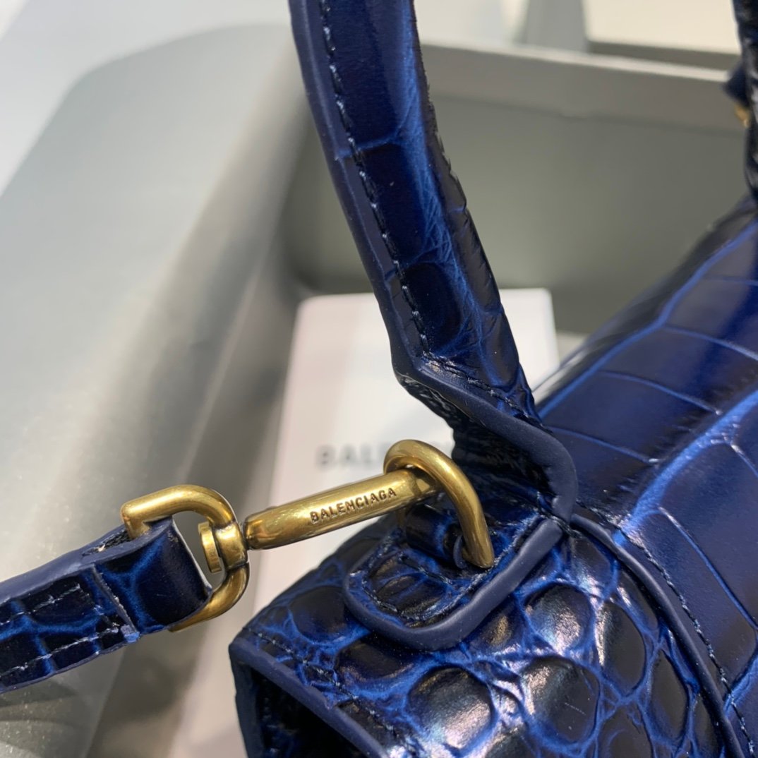 Balenciaga Hourglass 19cm Chain Bag in Shiny Crocodile Embossed Leather Dark Blue