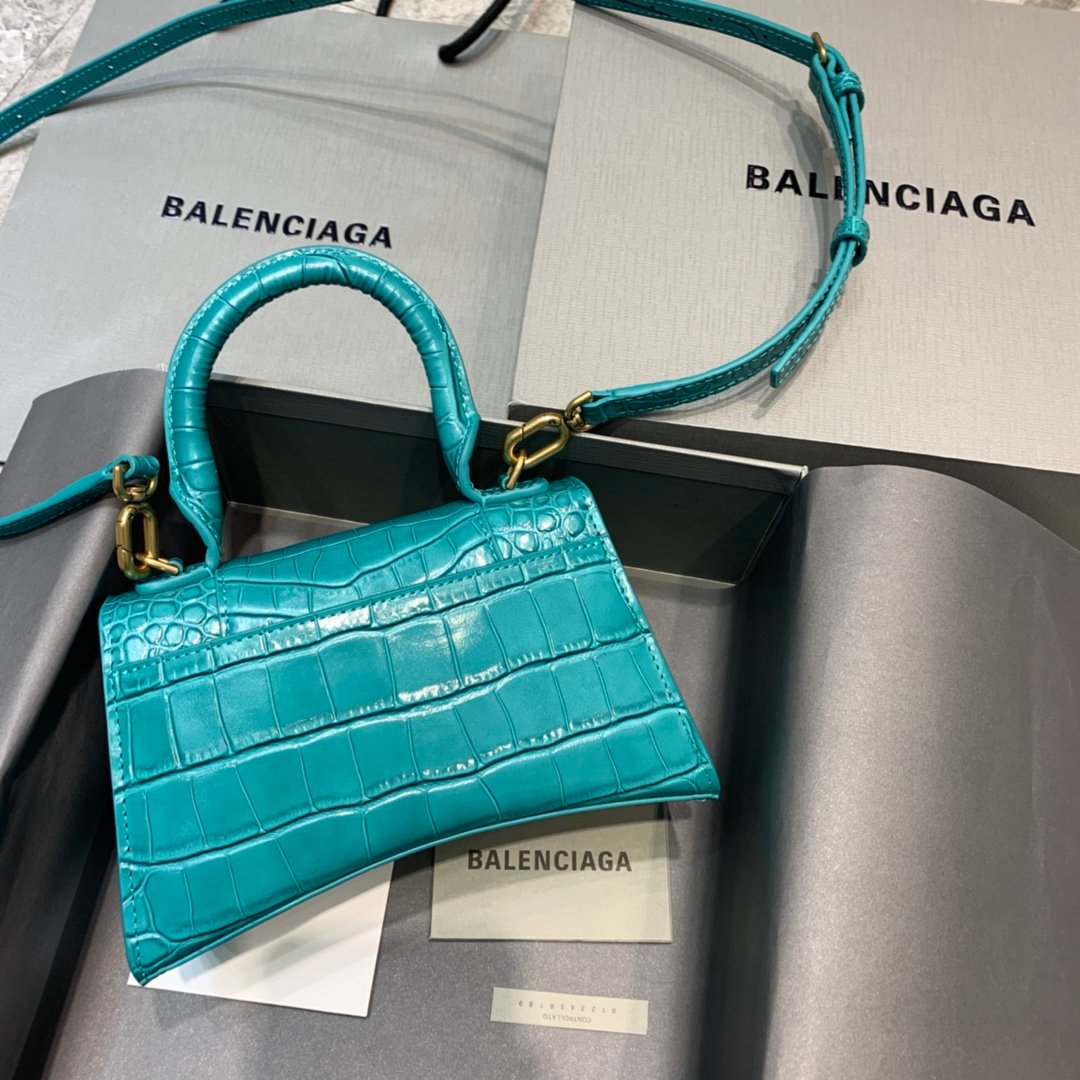 Balenciaga Hourglass 19cm Chain Bag in Shiny Crocodile Embossed Leather Maca Blue