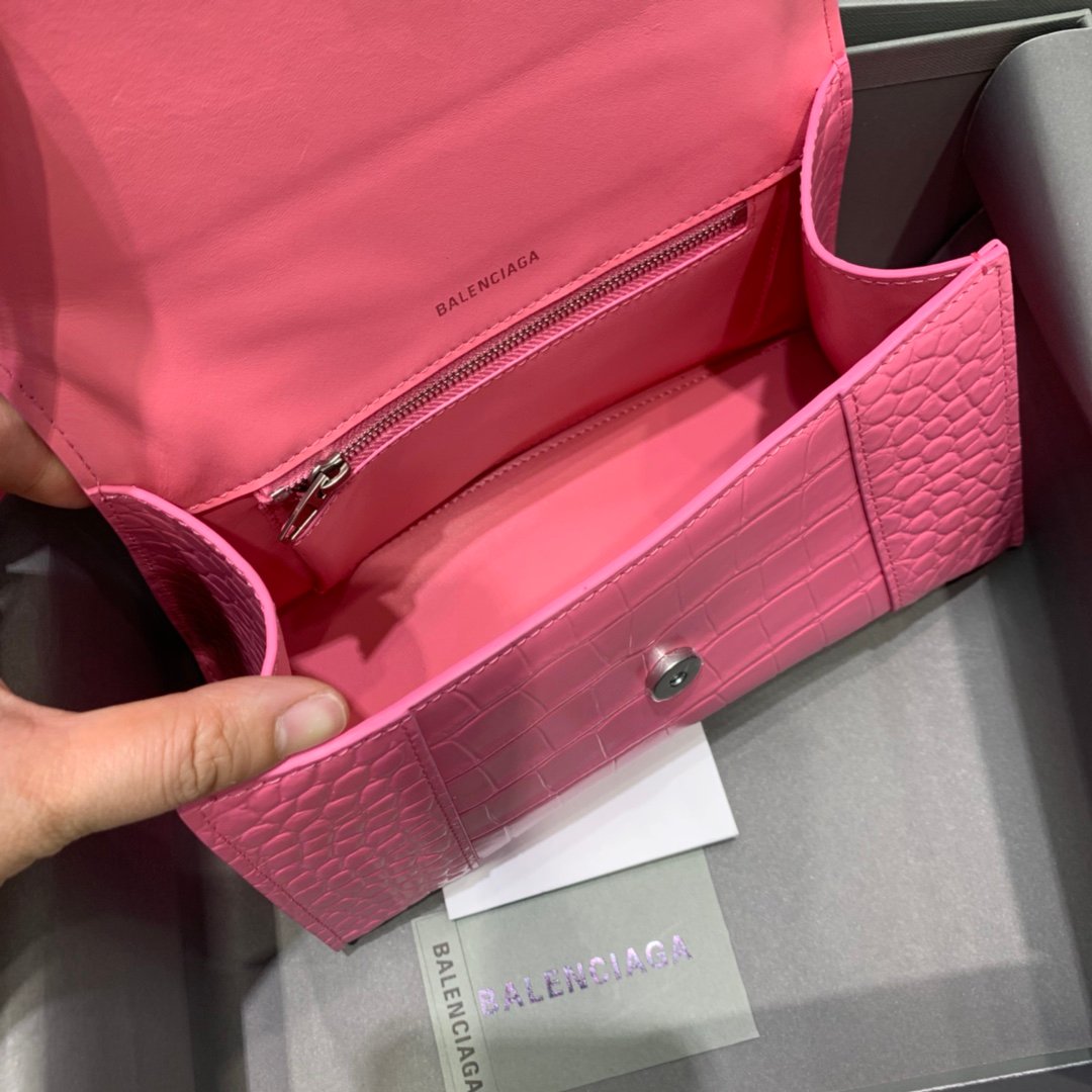 Balenciaga Hourglass 19cm Chain Bag in Shiny Crocodile Embossed Leather Dark Pink