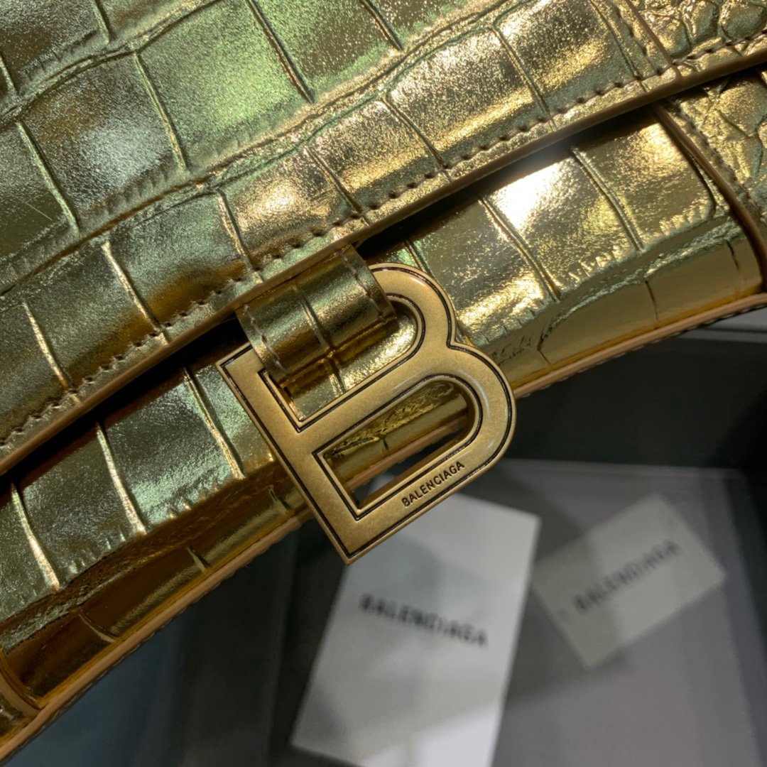 Balenciaga Hourglass 19cm Chain Bag in Shiny Crocodile Embossed Leather Gold
