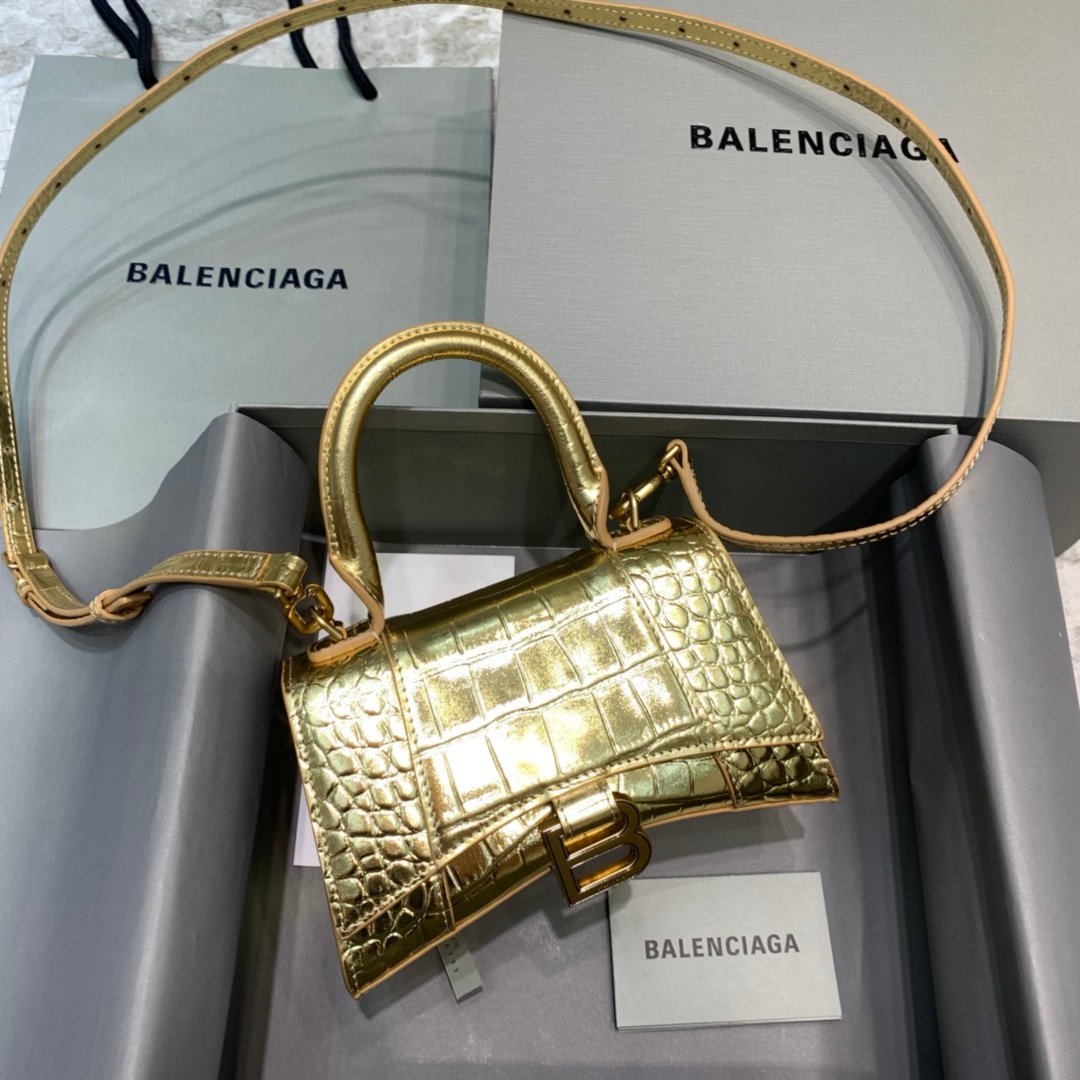 Balenciaga Hourglass 19cm Chain Bag in Shiny Crocodile Embossed Leather Gold