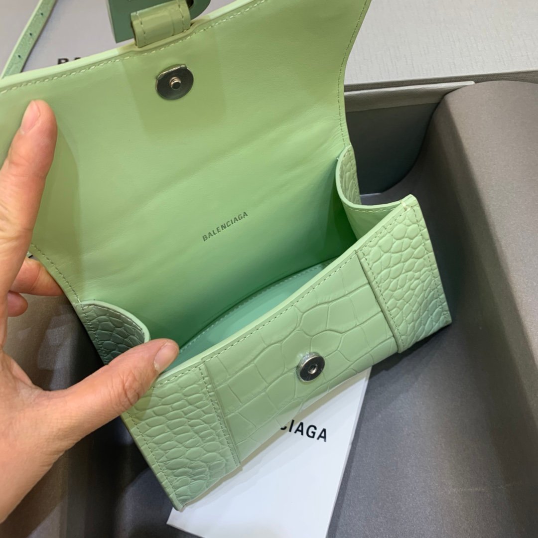 Balenciaga Hourglass 19cm Chain Bag in Back Shiny Crocodile Embossed Leather Light Green
