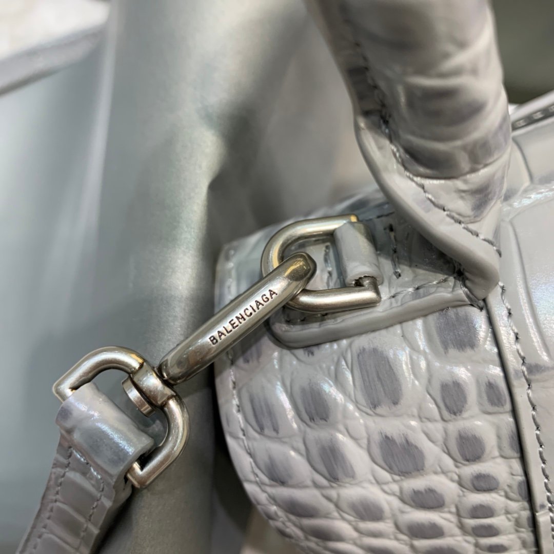 Balenciaga Hourglass 19cm Chain Bag in Shiny Crocodile Embossed Leather Light Gray