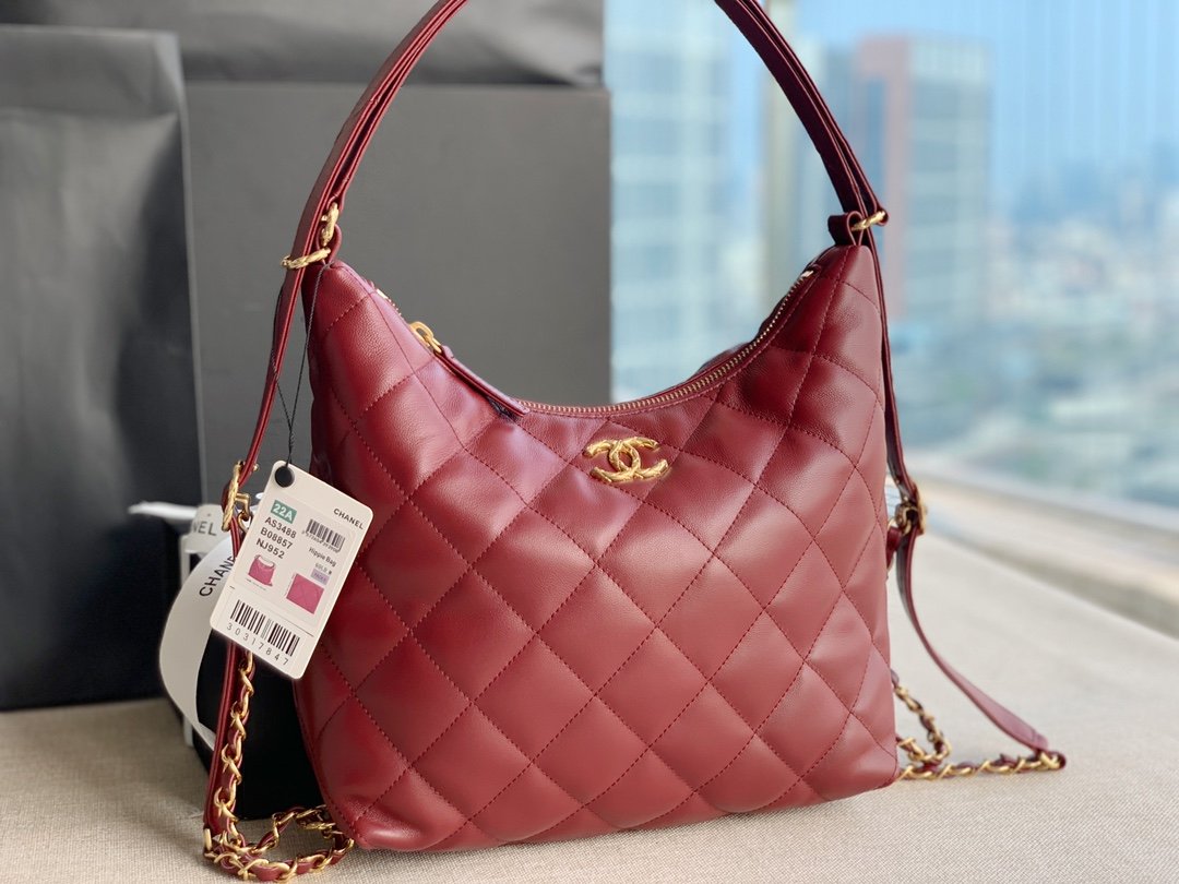 Chanel Hopo Shoulder Bag Lambskin Gold-Tone AS3487 Red