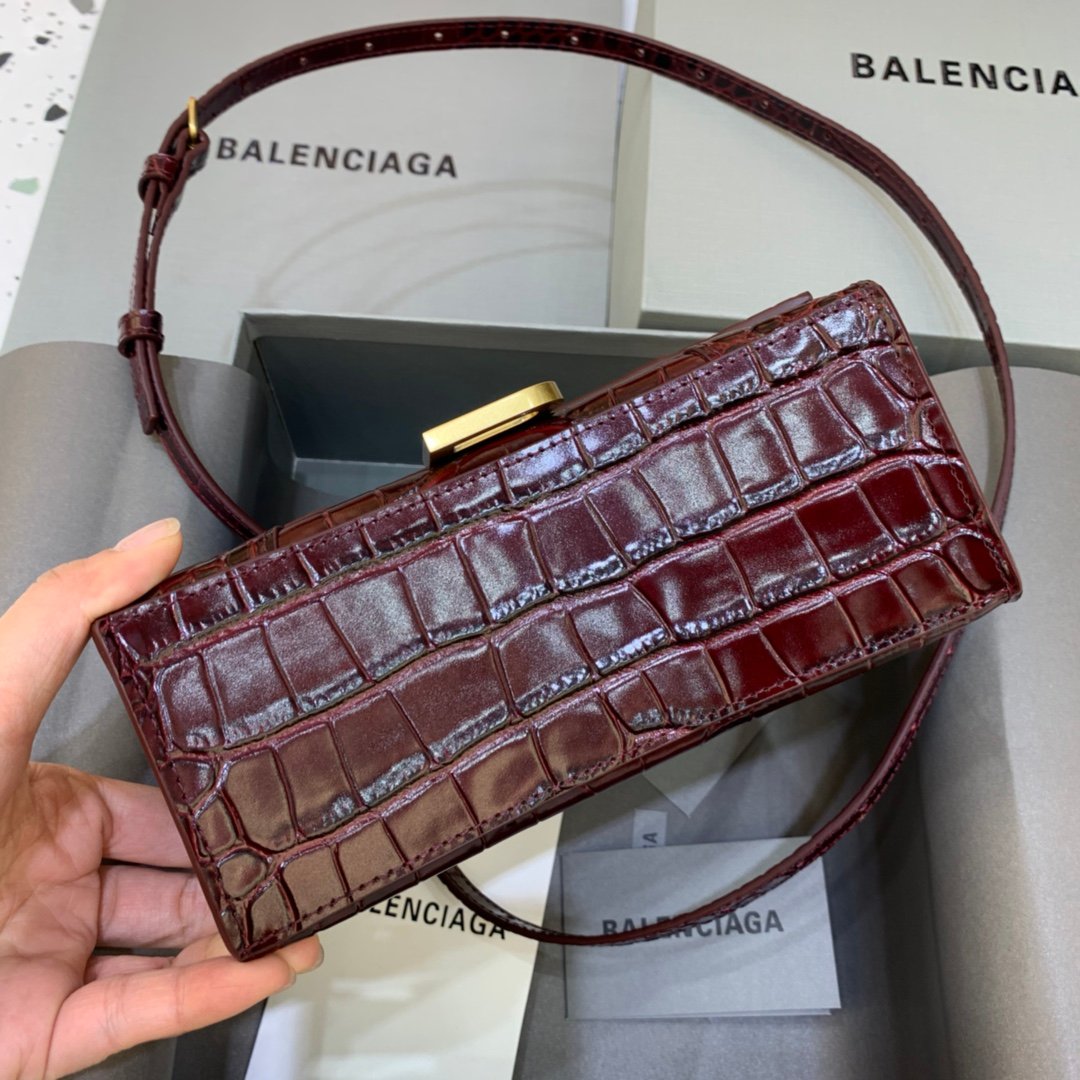 Balenciaga Hourglass 19cm Chain Bag in Shiny Crocodile Embossed Leather Maroon