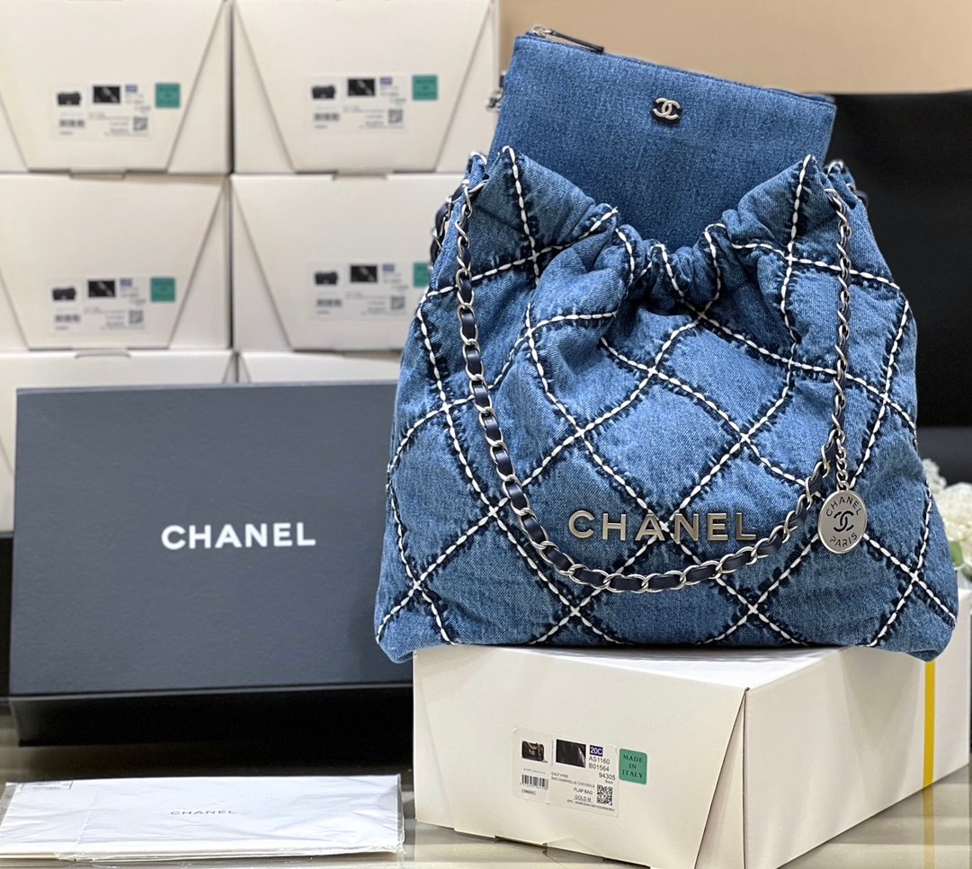 Chanel 22 AS3980 Large Handbag Stitched Denim Silver Tone Metal Blue