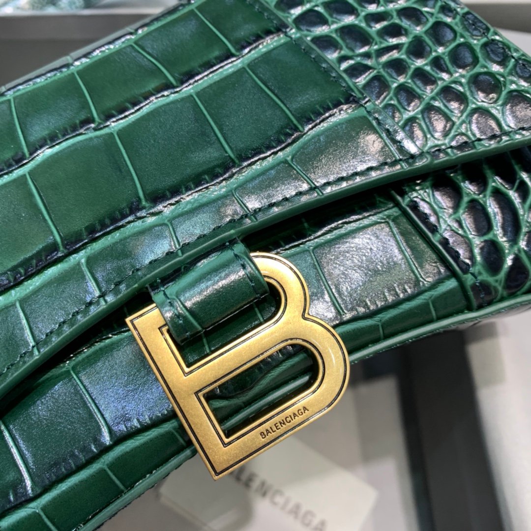 Balenciaga Hourglass 19cm Chain Bag in Shiny Crocodile Embossed Leather Dark Green