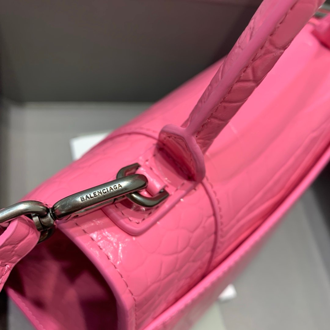 Balenciaga Hourglass 19cm Chain Bag in Shiny Crocodile Embossed Leather Dark Pink
