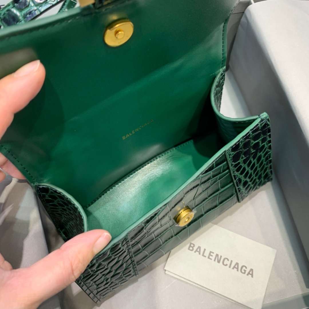Balenciaga Hourglass 19cm Chain Bag in Shiny Crocodile Embossed Leather Dark Green