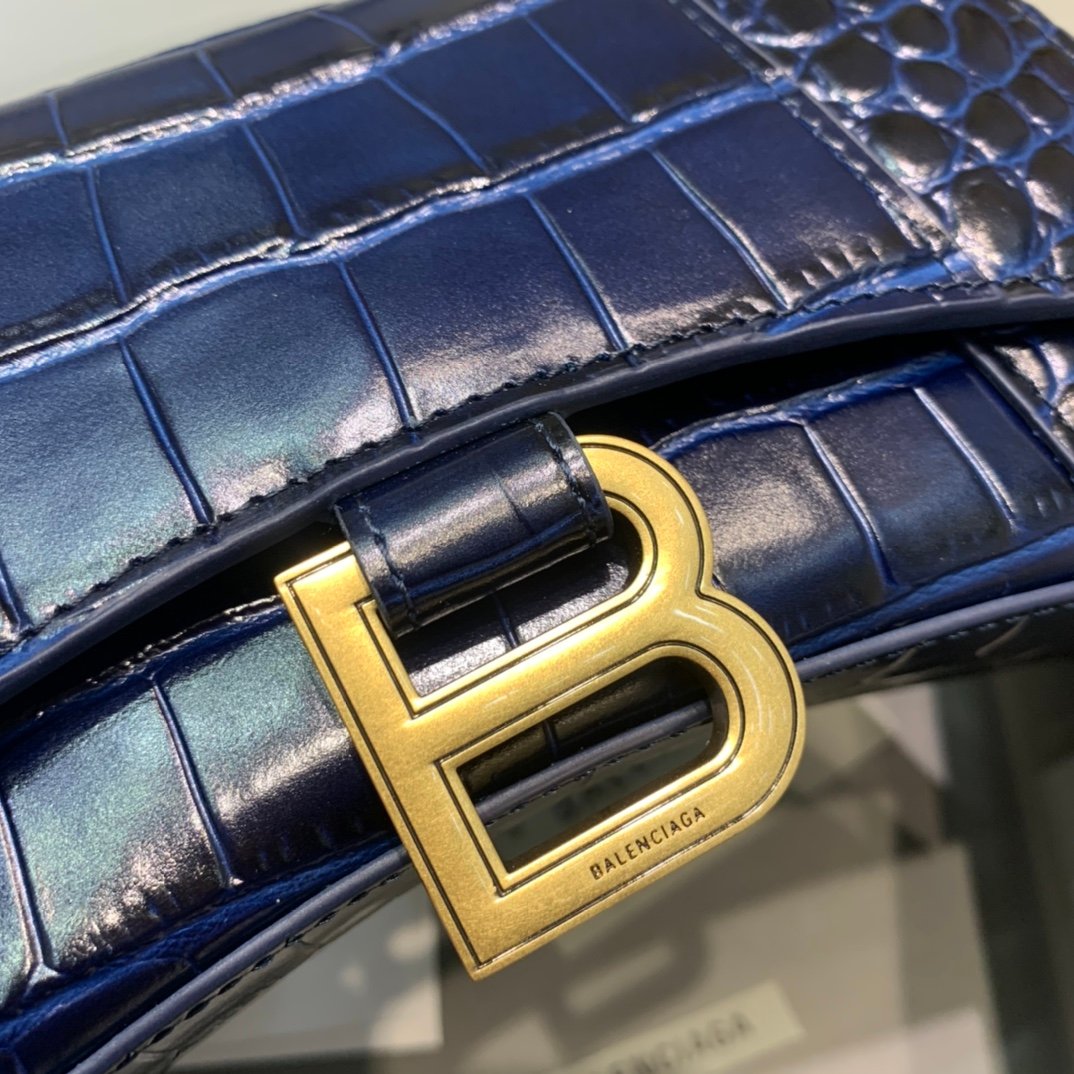 Balenciaga Hourglass 19cm Chain Bag in Shiny Crocodile Embossed Leather Dark Blue