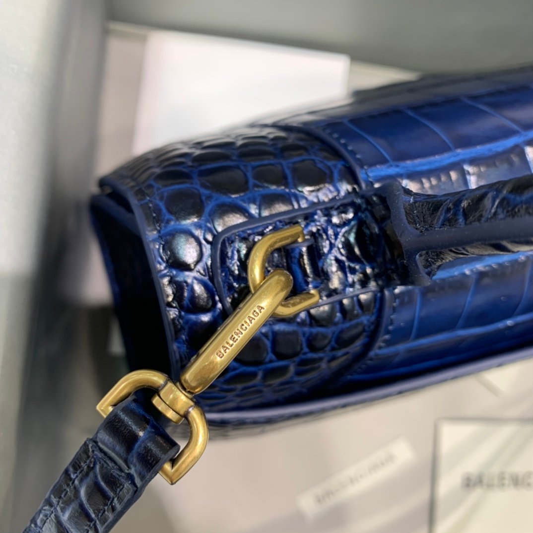 Balenciaga Hourglass 23cm Chain Bag in Shiny Crocodile Embossed Leather Dark Blue