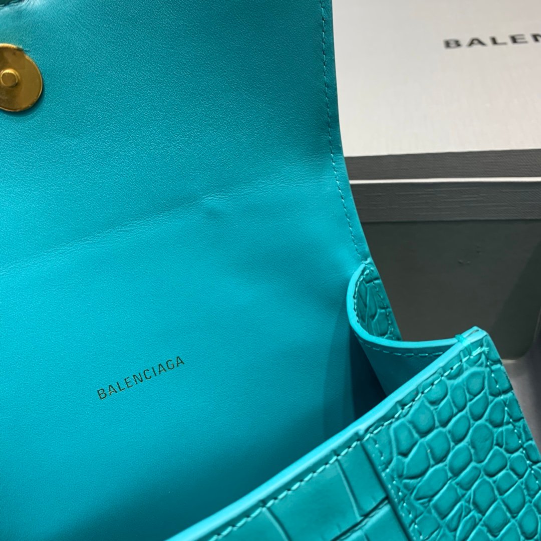 Balenciaga Hourglass 19cm Chain Bag in Shiny Crocodile Embossed Leather Maca Blue