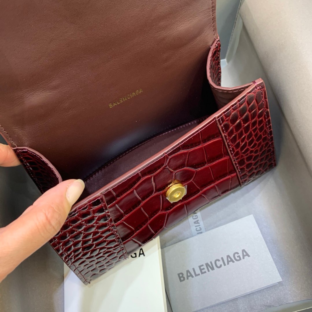 Balenciaga Hourglass 19cm Chain Bag in Shiny Crocodile Embossed Leather Maroon