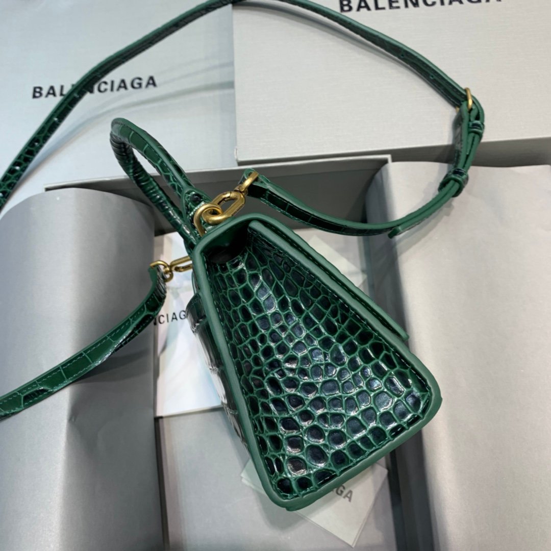 Balenciaga Hourglass 19cm Chain Bag in Shiny Crocodile Embossed Leather Dark Green