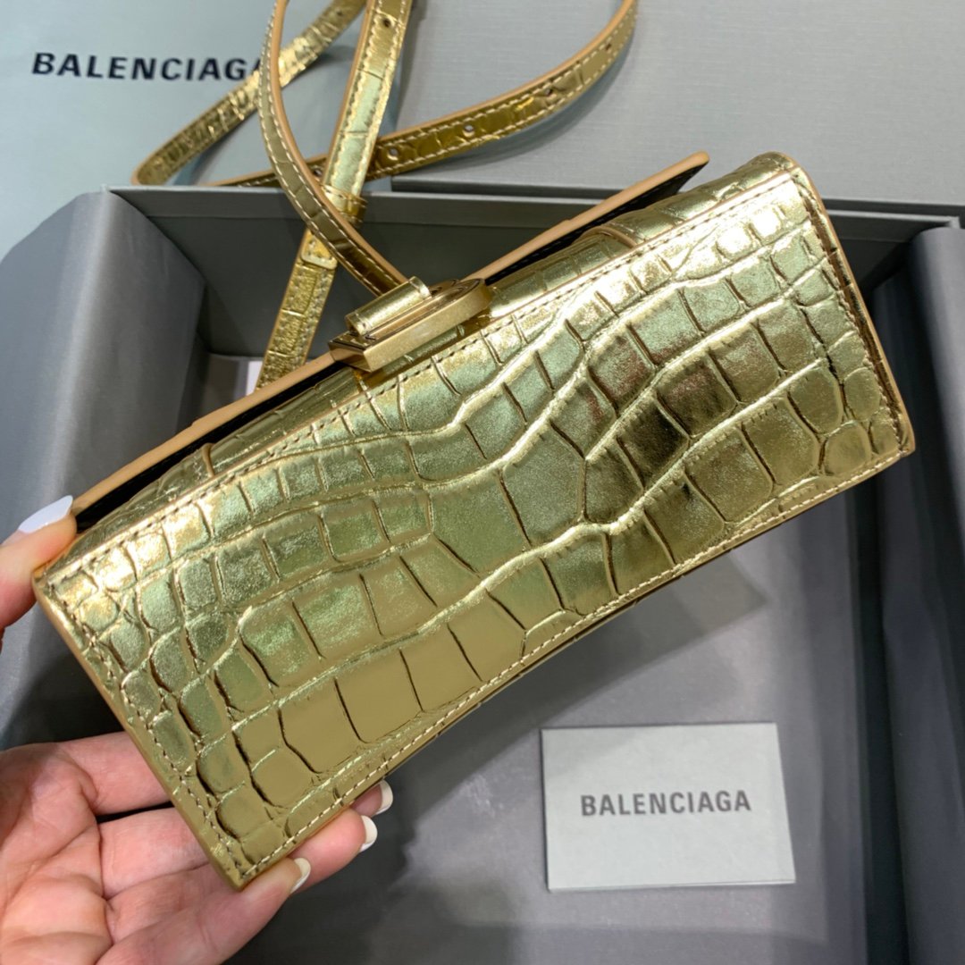 Balenciaga Hourglass 19cm Chain Bag in Shiny Crocodile Embossed Leather Gold