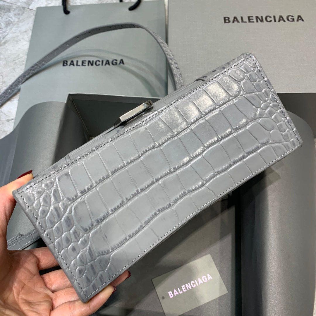 Balenciaga Hourglass 19cm Chain Bag in Shiny Crocodile Embossed Leather Light Gray